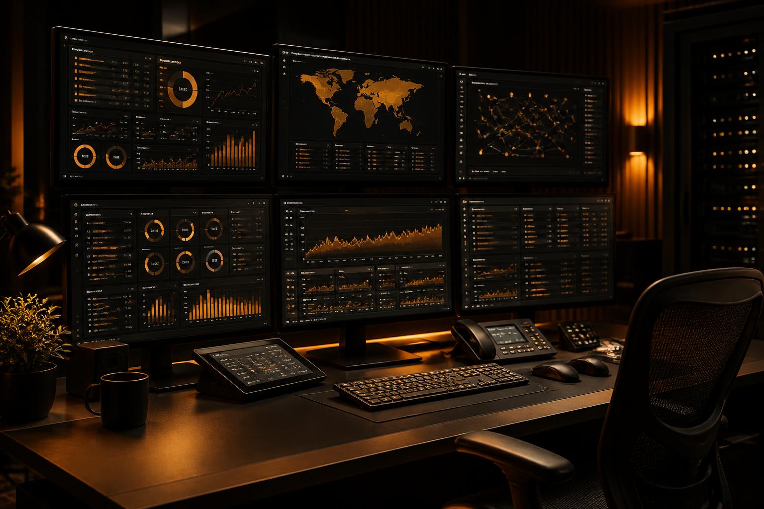 THE RESET operator support terminal array, status boards casting ambient light across the operations center