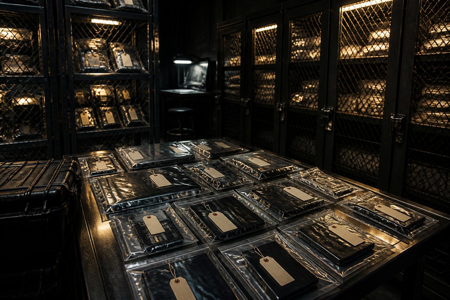 THE RESET Evidence Vault — reinforced archive corridor, dim overhead strips