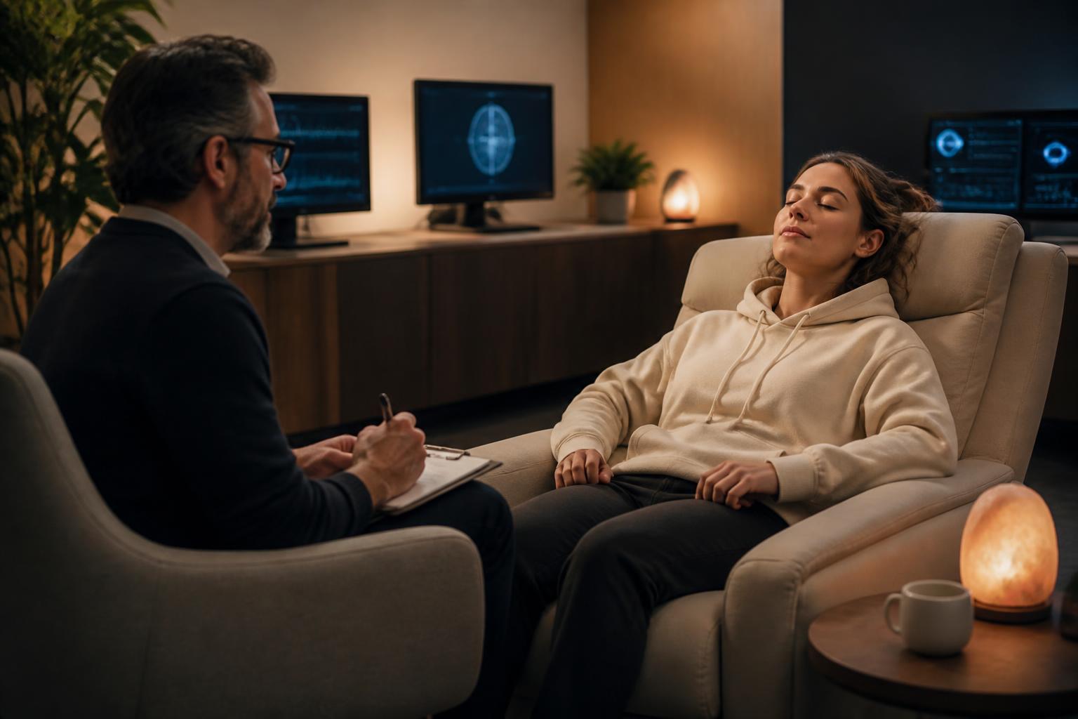 The Detox & Triage zone at quiet hours — recovery cohorts on the staged path back to self-regulation, every station wired to the Instrumentation Mesh