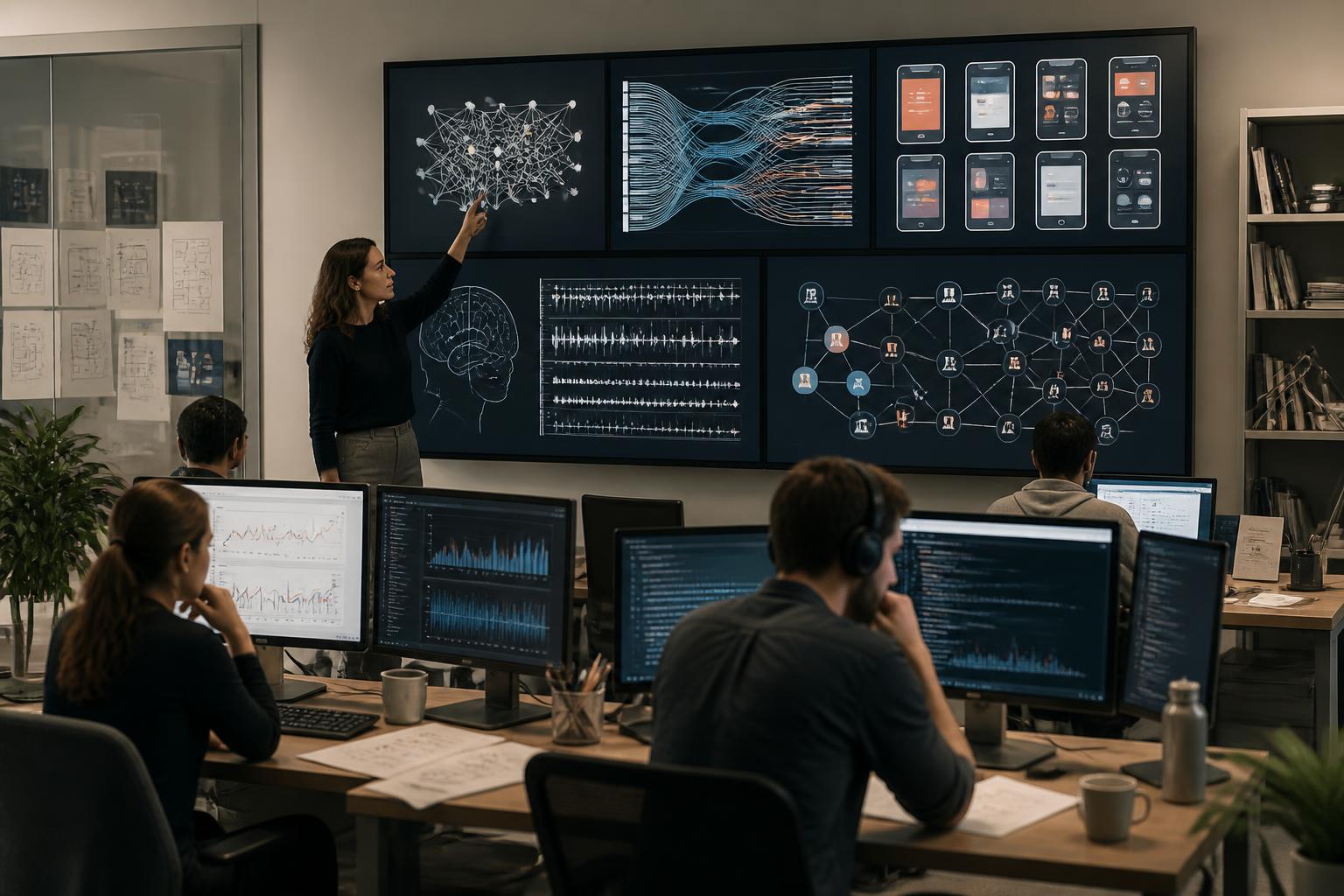 R&D / Persuasion analysis floor — terminal arrays and signal-wall feeds under low amber light