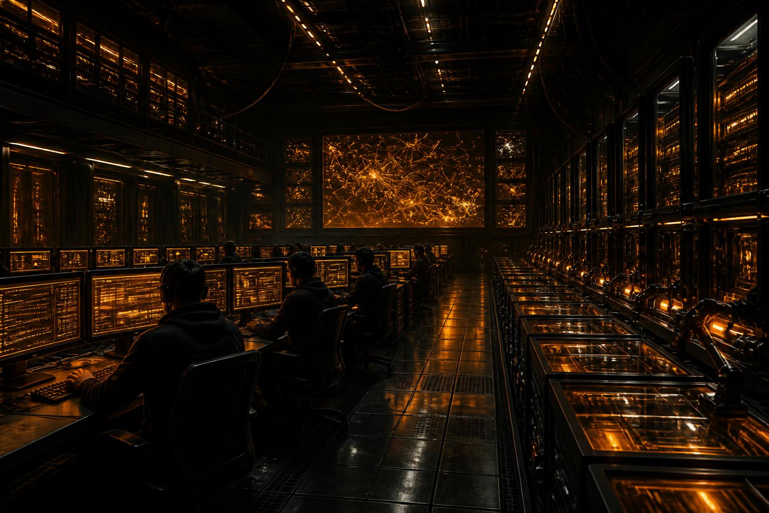 The Counter-Builds floor during a release window, deployment pipelines running under amber light